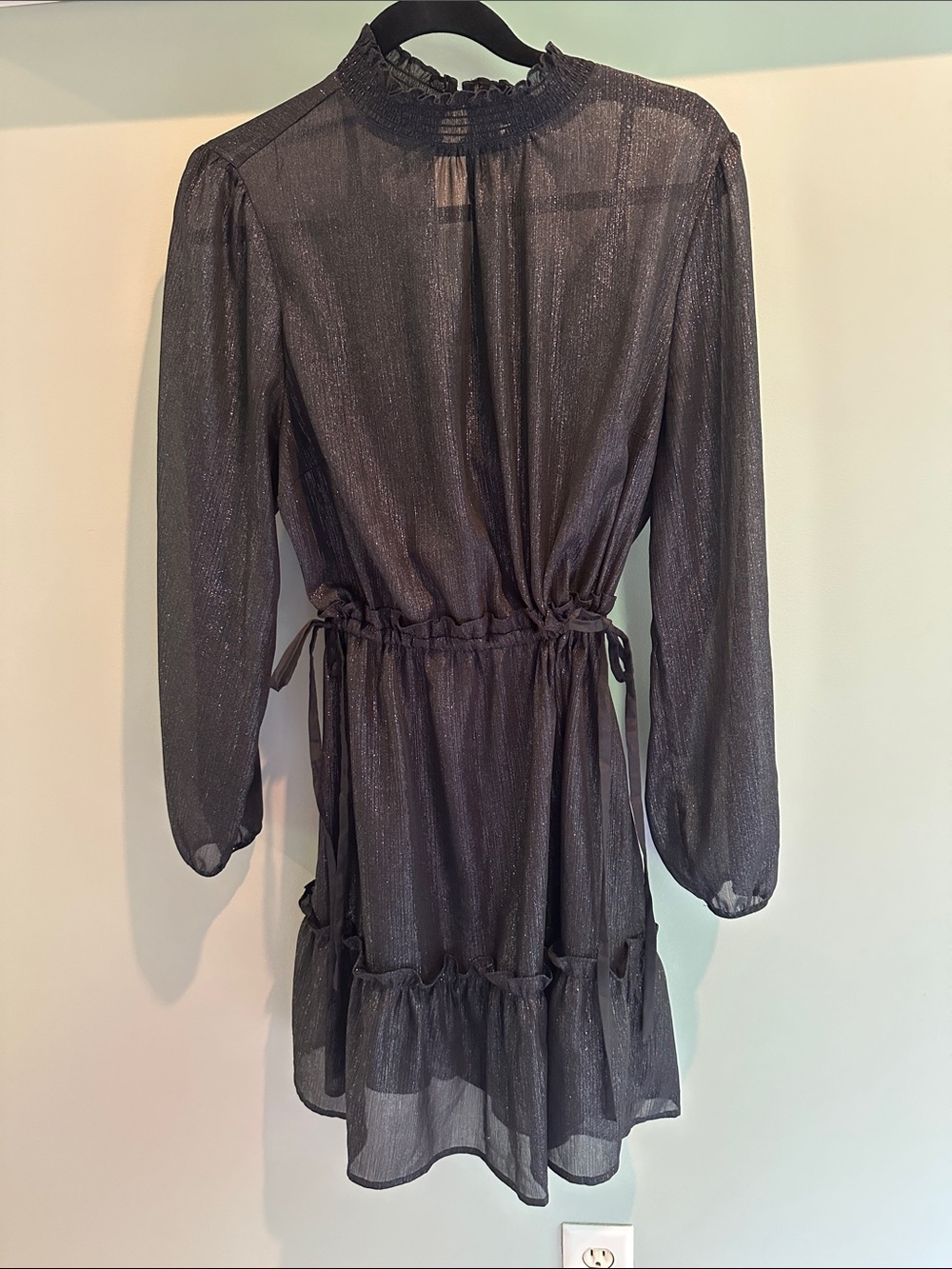 LOFT Black Shimmer Ruffle Neck sheer dress with slip layer too